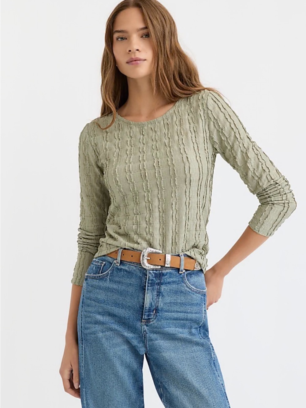 LOFT Textured Long Sleeve Crew Neck Tee Green Crew Neck Slim Fit Lightweight L - Picture 1 of 6